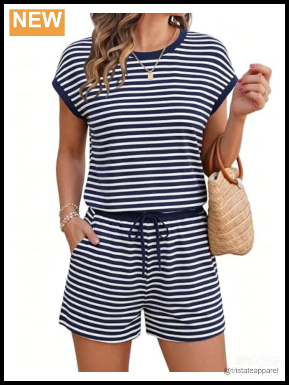 Striped Romper Women Short Jumpsuit Cap Sleeve Crew Neck Pockets
